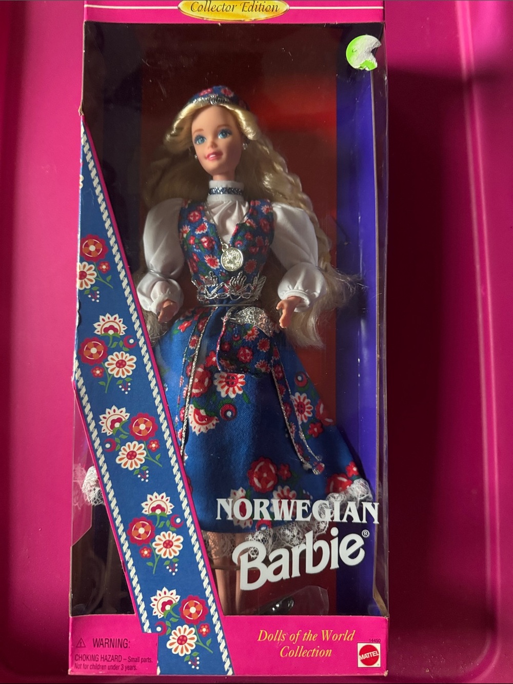 Barbie Norwegian Doll in Blue Floral Folk Dress with Pink Box